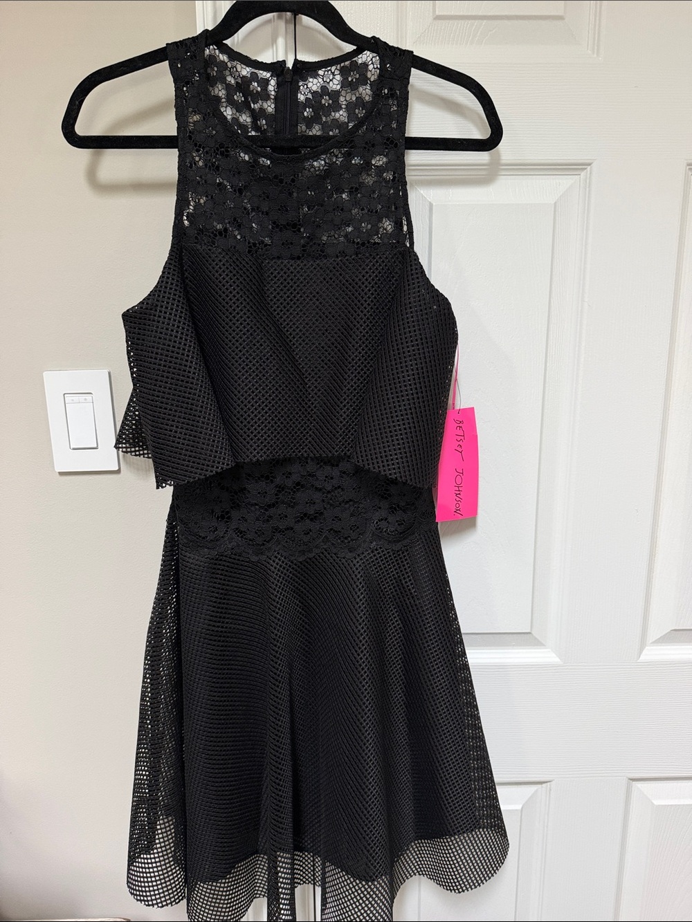 NWT Betsey Johnson Black Lace & Mesh Fit-and-Flare Mini Dress Size 10